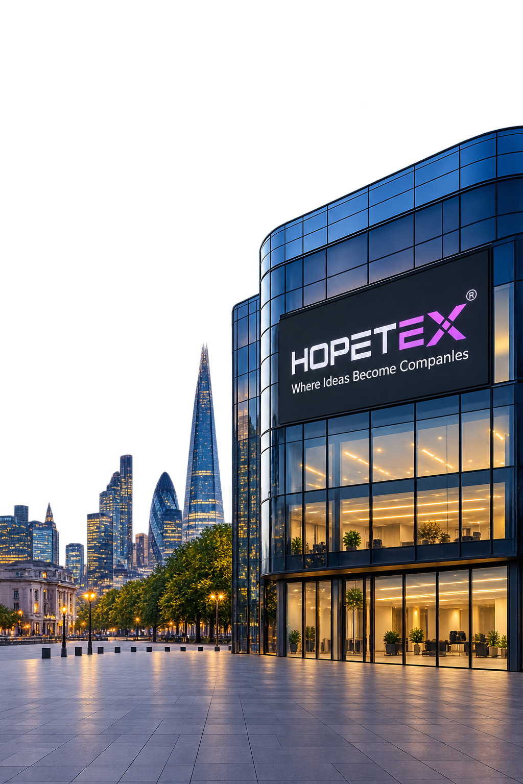HopeTex office building with the London skyline at dusk